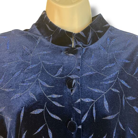 Another Thyme Blue Velvet Maxi Dress Glitter Leaf Pattern Vintage 18 Large 8 -10 - Picture 3 of 12